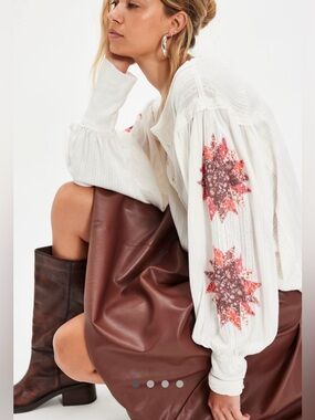 Free people Quinn Quilt Cuff Henley xl boho top off white